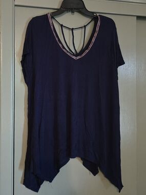 Navy V-Neck Short Sleeve Tunic with Back Strap Detail